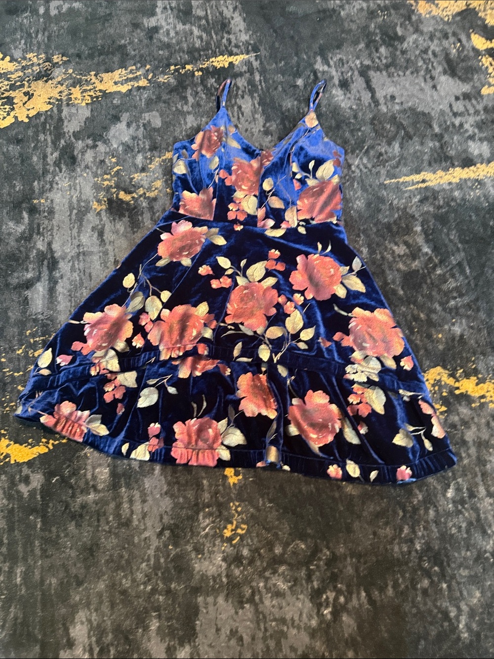 Xtraordinary Navy Velvet Mini Dress with Pink Floral Print